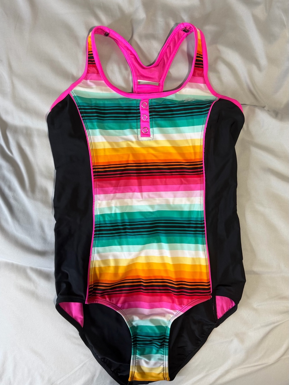 ZeroXposur Girls One-Piece Swimsuit - Pink, Black, Teal, Yellow Stripe